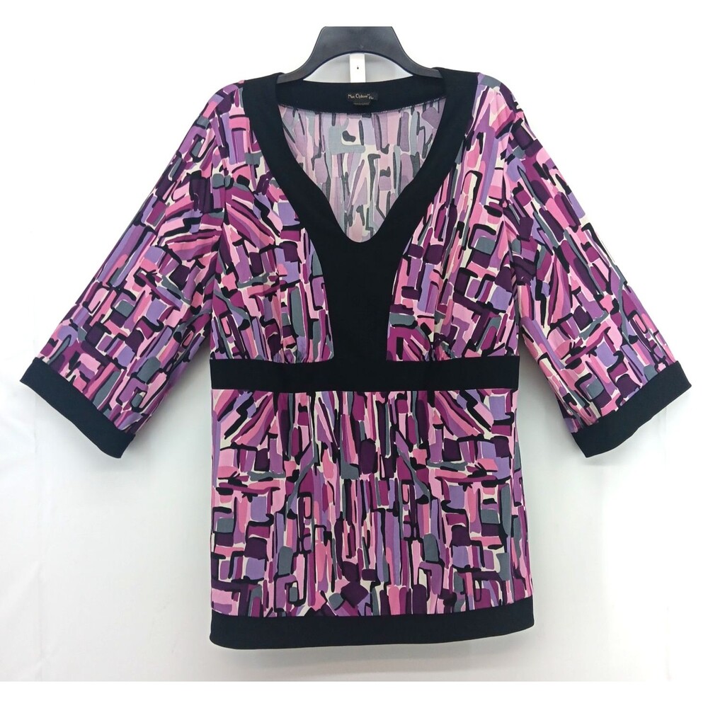 Nue Options Blouse Women 2X Purple Black Trim 3/4 Sleeve V Neck Pullover Top